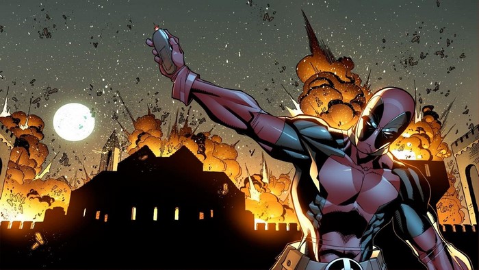 Deadpool holding a detonator with explosions in the background