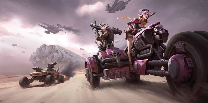 Sci-fi wasteland battle with motorcycles and aircraft