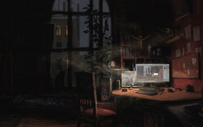 Dark room with a computer, chair, and window