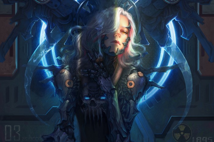 Cyberpunk cyborg woman with glowing blue energy