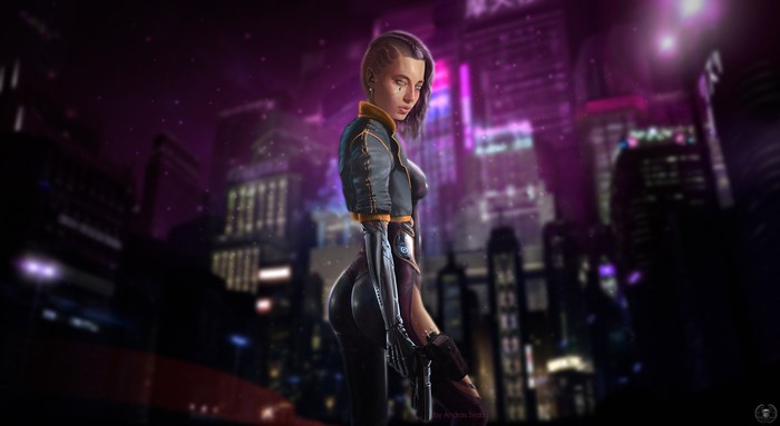 Cyborg woman in futuristic city