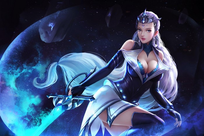 Fantasy girl with long white hair and sword in space