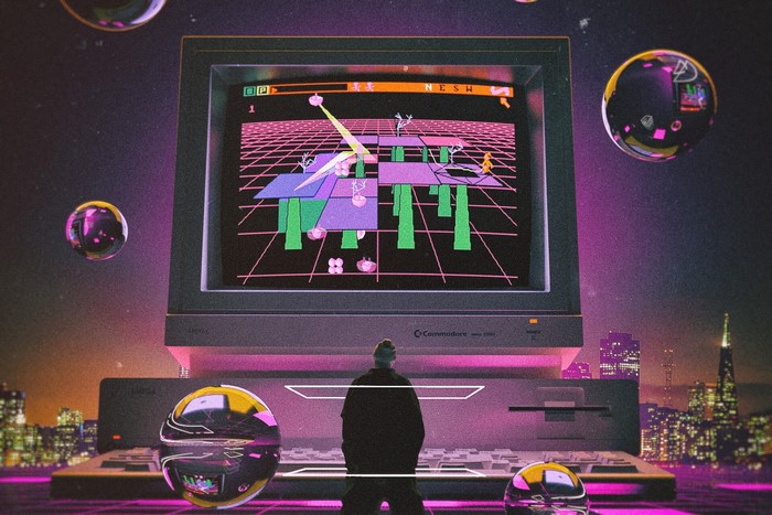 Commodore Amiga computer with retro game and neon city