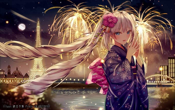 Girl in Yukata at Eiffel Tower Fireworks