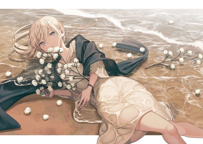 Anime girl with blonde hair and blue eyes on a beach with flowers