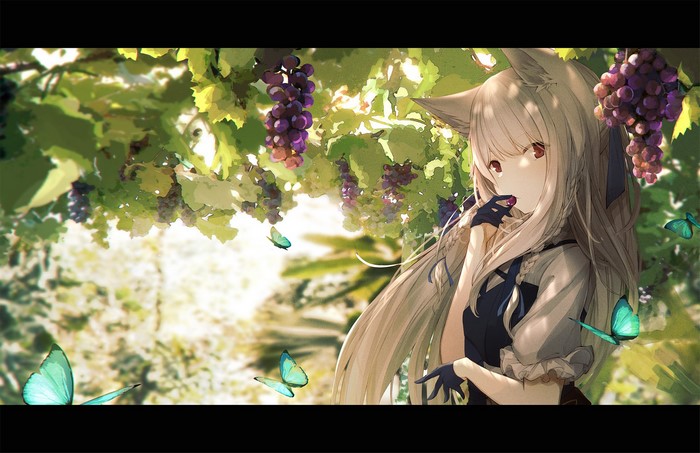 Anime girl with fox ears eating grapes