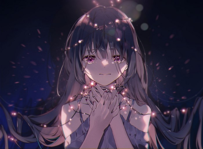 Anime girl with purple eyes and fairy lights
