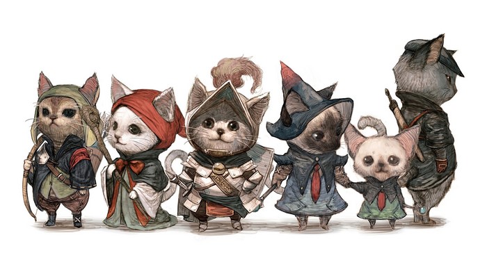 Fantasy art of anthropomorphic cats in armor and costumes