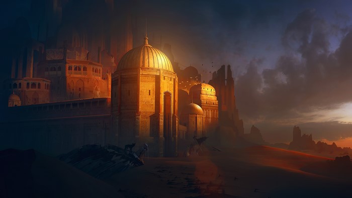 Fantasy desert city with golden domes at sunset
