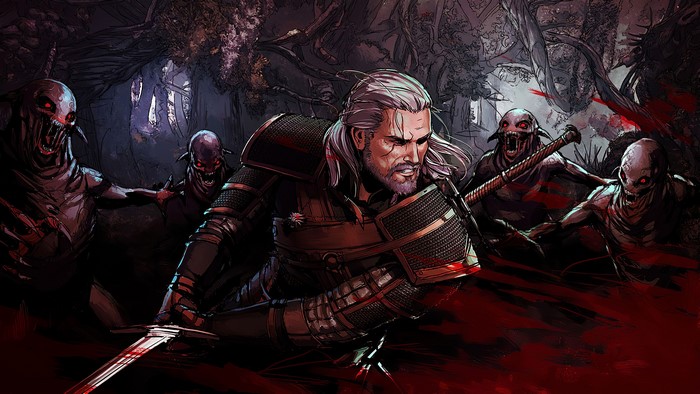 Geralt of Rivia fighting monsters in The Witcher
