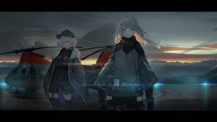 Anime girls with helicopter at sunset