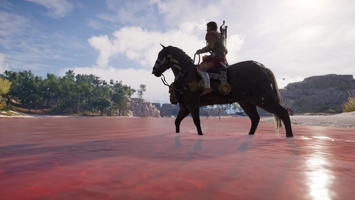 Kassandra from Assassin's Creed Odyssey on horseback in water