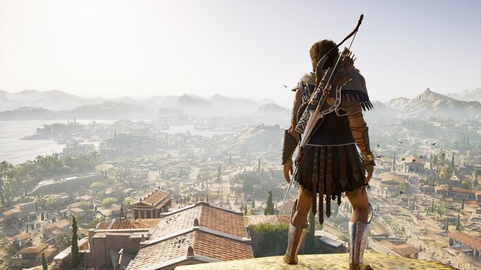 Kassandra from Assassin's Creed Odyssey overlooking a Greek city