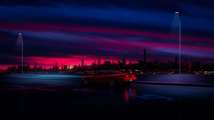 Red Honda NSX on a bridge at dusk with city skyline