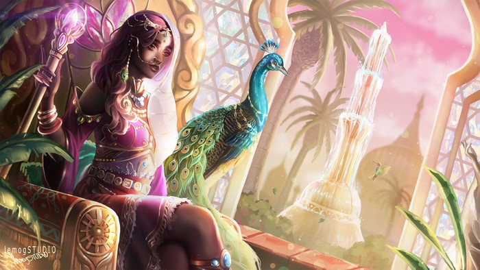 Fantasy woman with peacock in ornate palace