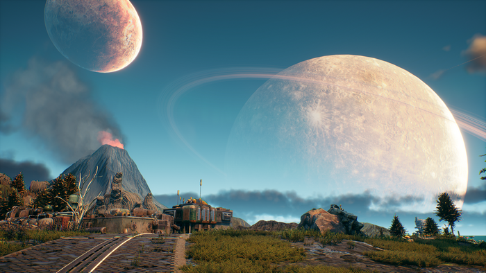 4K The Outer Worlds planet landscape with volcano and moons