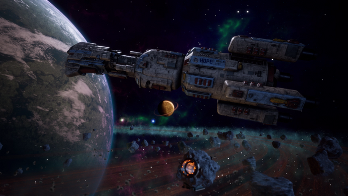 Spaceship in space near planets and asteroids