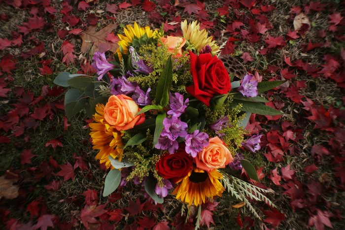 Bouquet of sunflowers, roses, and alstroemeria on fallen leaves