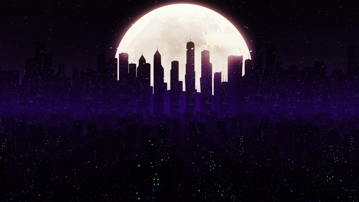 Cityscape with a large moon at night