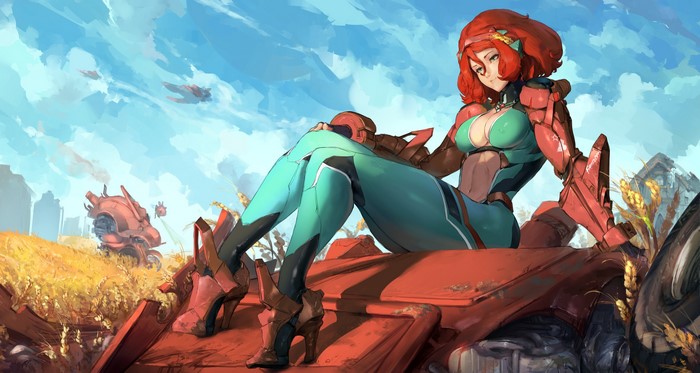 Redhead mecha girl in a futuristic bodysuit