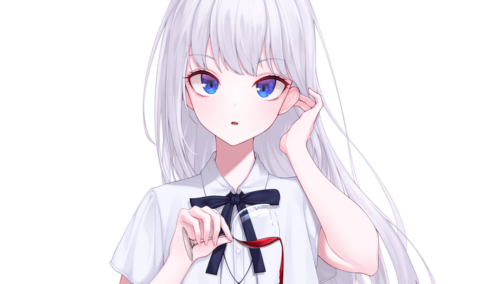Anime girl with white hair and blue eyes holding wine glass