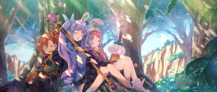 Anime girls sleeping in a forest