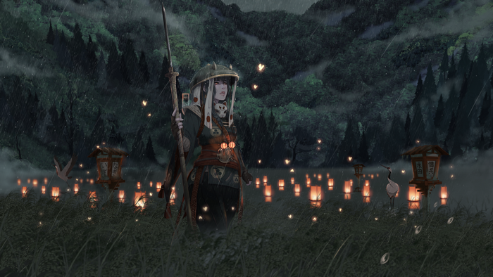 Nobushi with spear in a lantern-lit field at night
