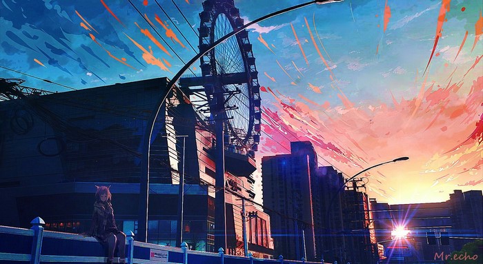 Anime girl sitting by a Ferris wheel at sunset