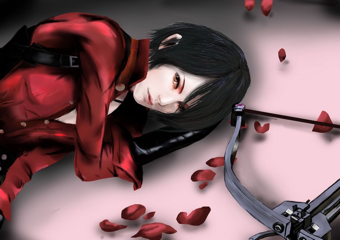 Ada Wong from Resident Evil with a crossbow and rose petals