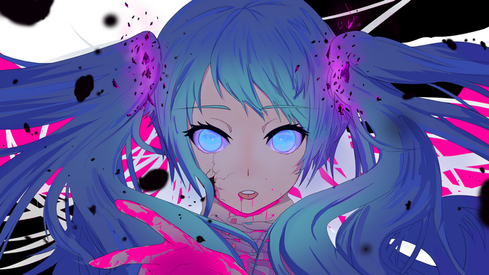 Hatsune Miku with glowing eyes and cracked face