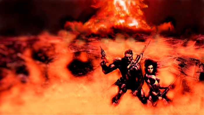 Two characters from Fallout in a fiery landscape