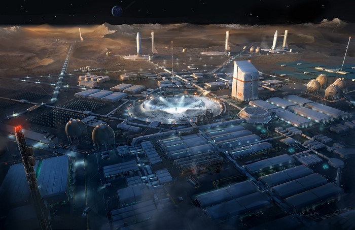 Futuristic lunar base with rockets and buildings