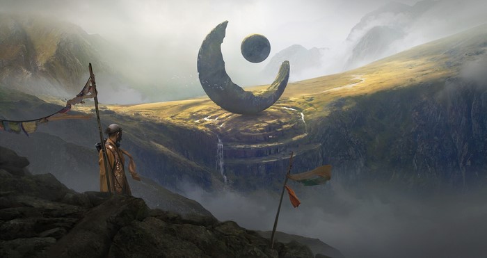 Artwork by Andy Walsh featuring a crescent moon sculpture