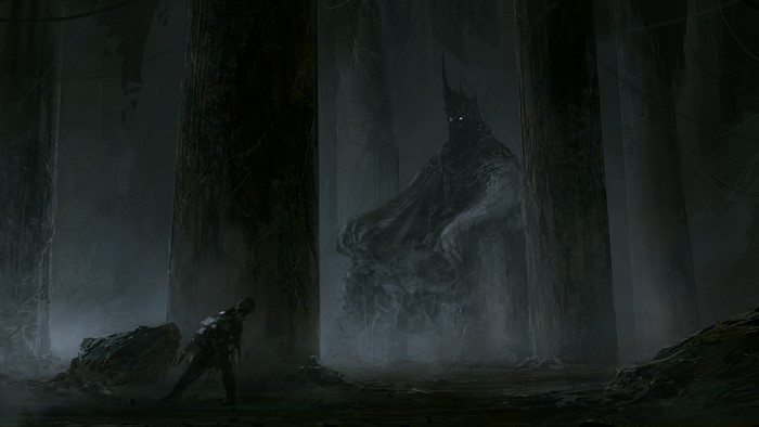 A dark figure on a throne and a knight in a misty ruin
