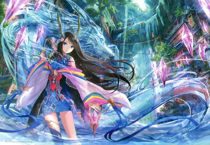 Anime Girl in Chinese Dress with Water Dragon
