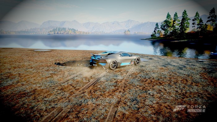 Bugatti Divo drifting on a dirt road in Forza Horizon 4