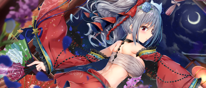 Anime girl in red kimono with fans at night