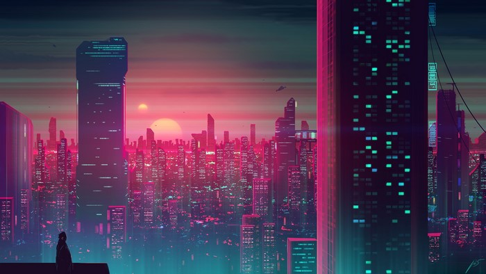 Cyberpunk cityscape with a lone figure at sunset
