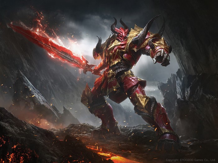 Demon warrior with fiery sword in volcanic landscape