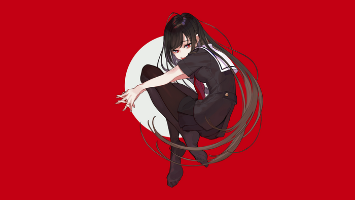 Anime girl with long black hair and red eyes in a sailor uniform