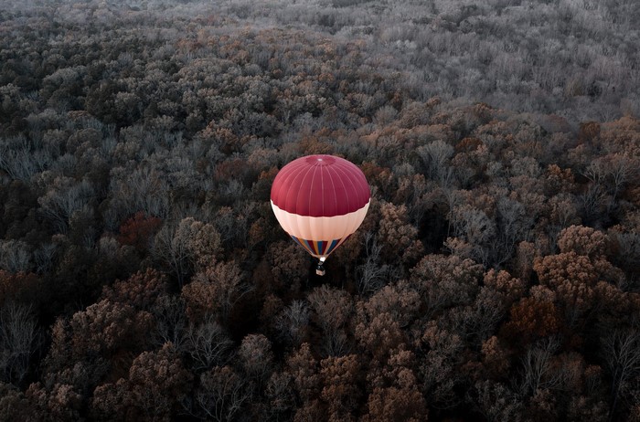 Hot air balloon over a forest
