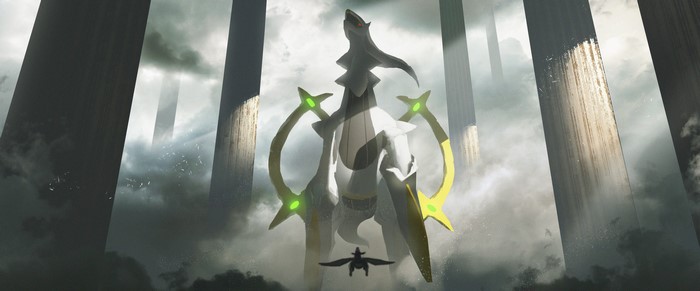 Arceus from Pokemon Diamond in a cloudy, pillar-filled landscape