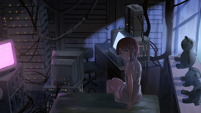 Lain from Serial Experiments Lain in a server room