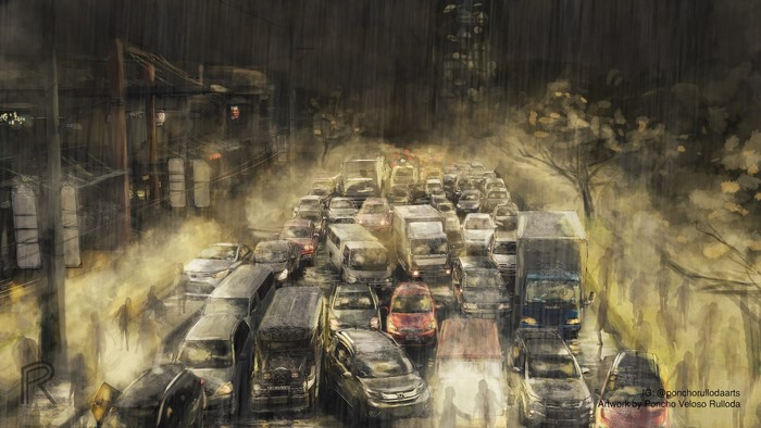 Artwork of a traffic jam in the rain