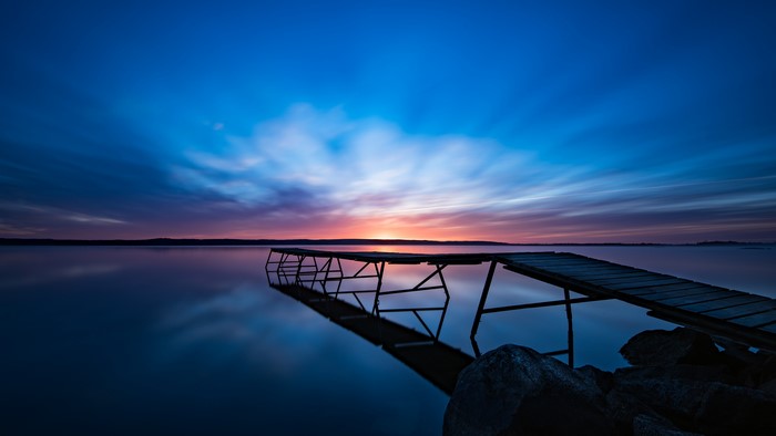 4K Sweden Long Exposure Sunrise Over Water with Dock