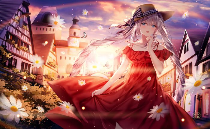 Anime girl in red dress with flowers and hat