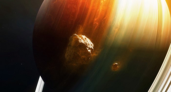 Digital art of a ringed planet with asteroids