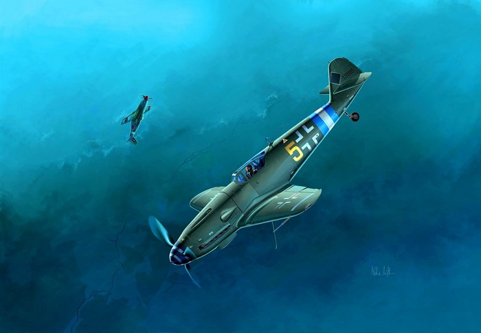 Messerschmitt Bf-109 and North American P-51 Mustang in flight