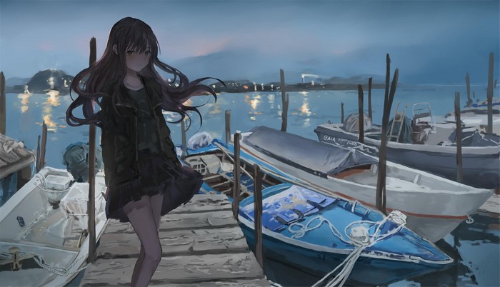 Anime girl on a dock with boats at dusk