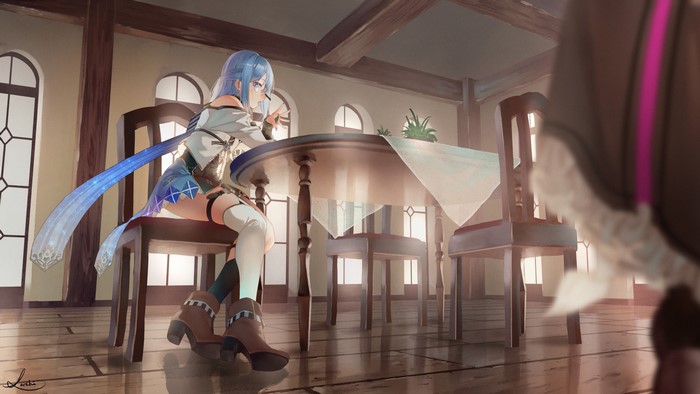 Anime girl with blue hair sitting at a table